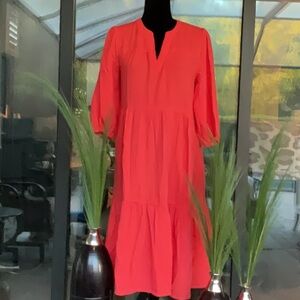 JOAN VASS - Seersucker Elbow Sleeve Tiered Shift Dress, XS